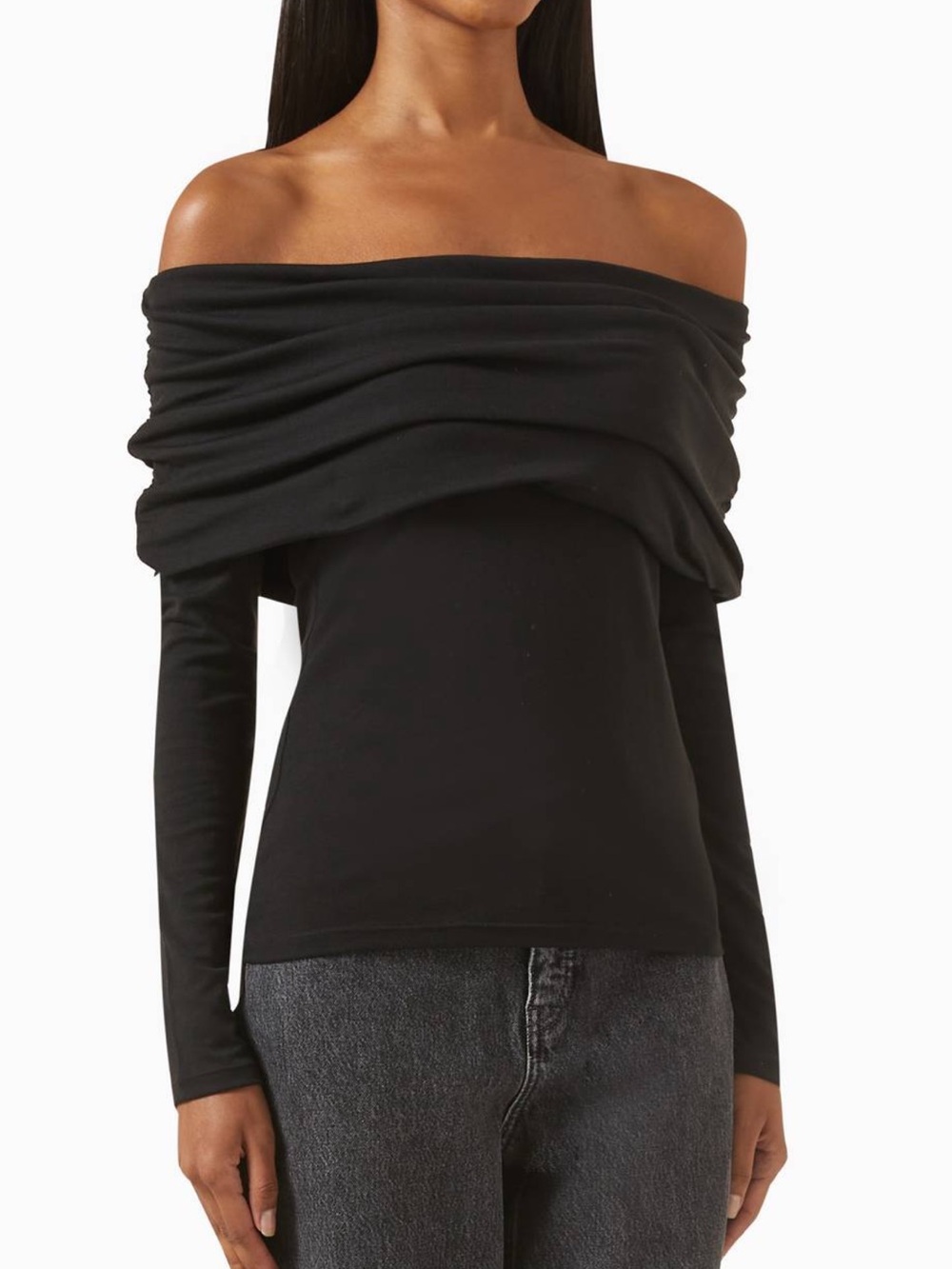 Off-Shoulder Black Draped Long-Sleeve Top